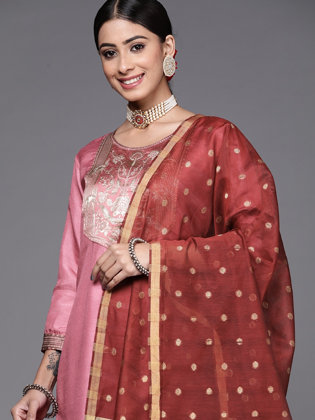 

Indo Era Women Pink Yoke Design Kurta with Palazzos & Dupatta