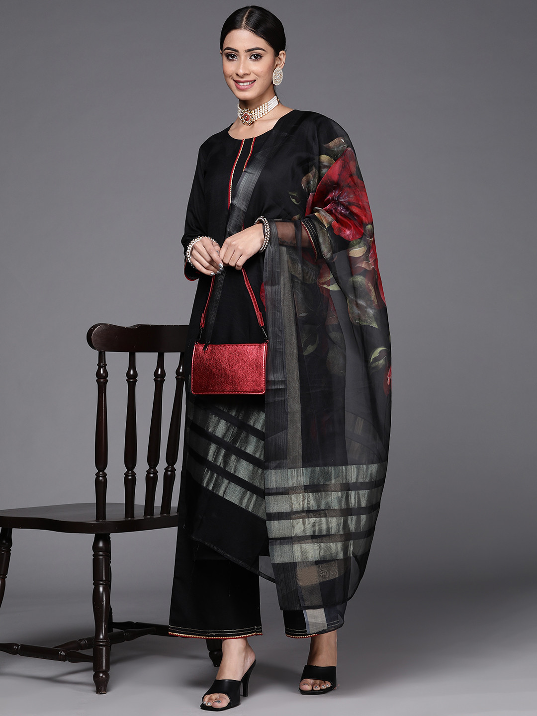 

Indo Era Women Black Kurta with Palazzos & Dupatta