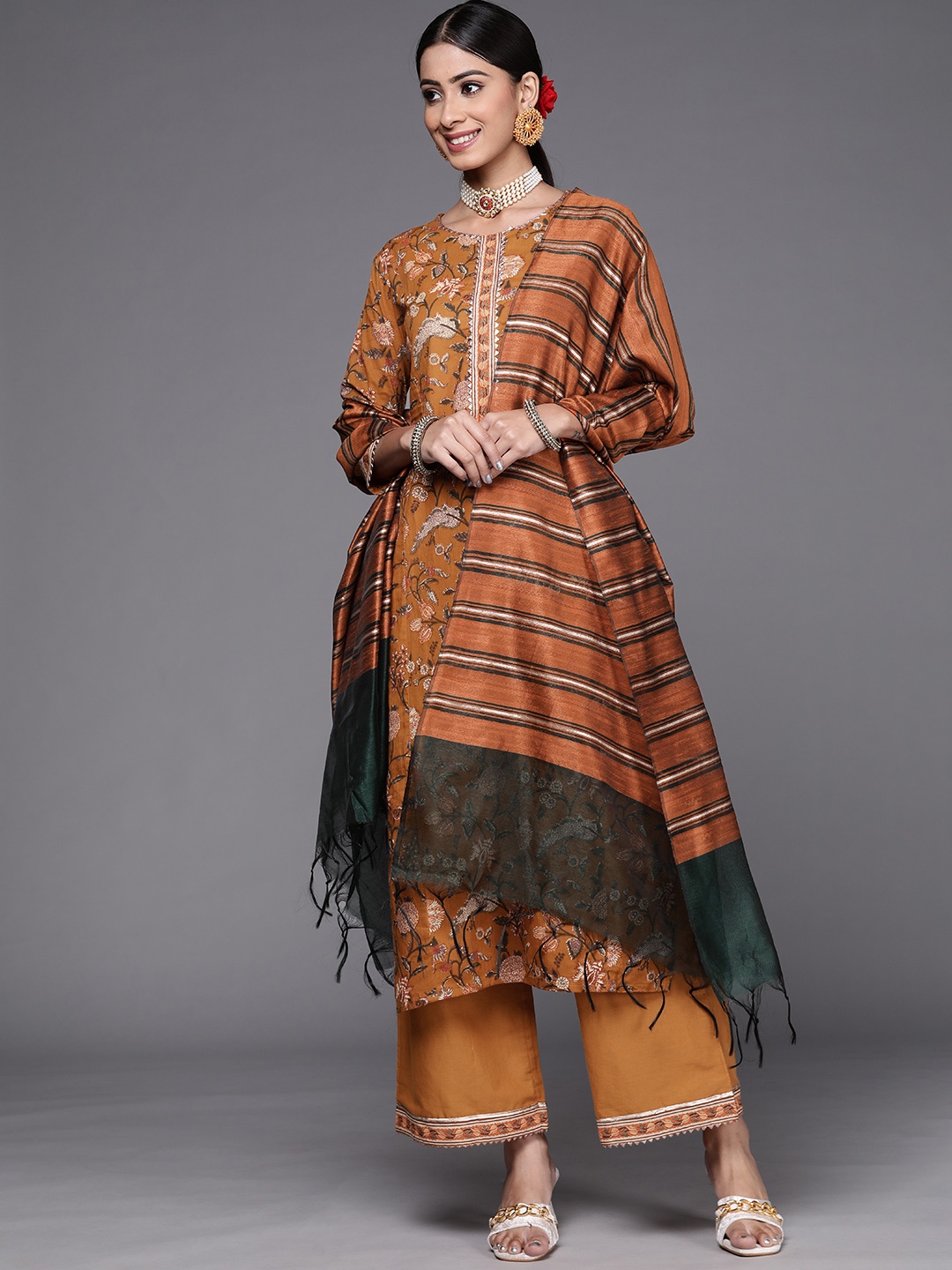 

Indo Era Women Mustard Yellow Floral Printed Gotta Patti Pure Cotton Kurta with Palazzos & With Dupatta