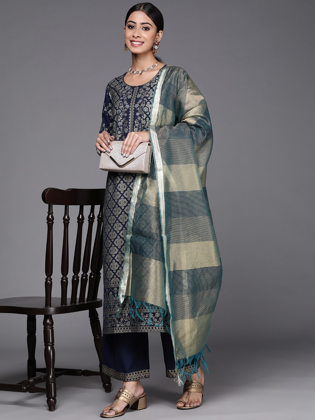 

Indo Era Women Navy Blue Ethnic Motifs Printed Kurta with Palazzos & Dupatta