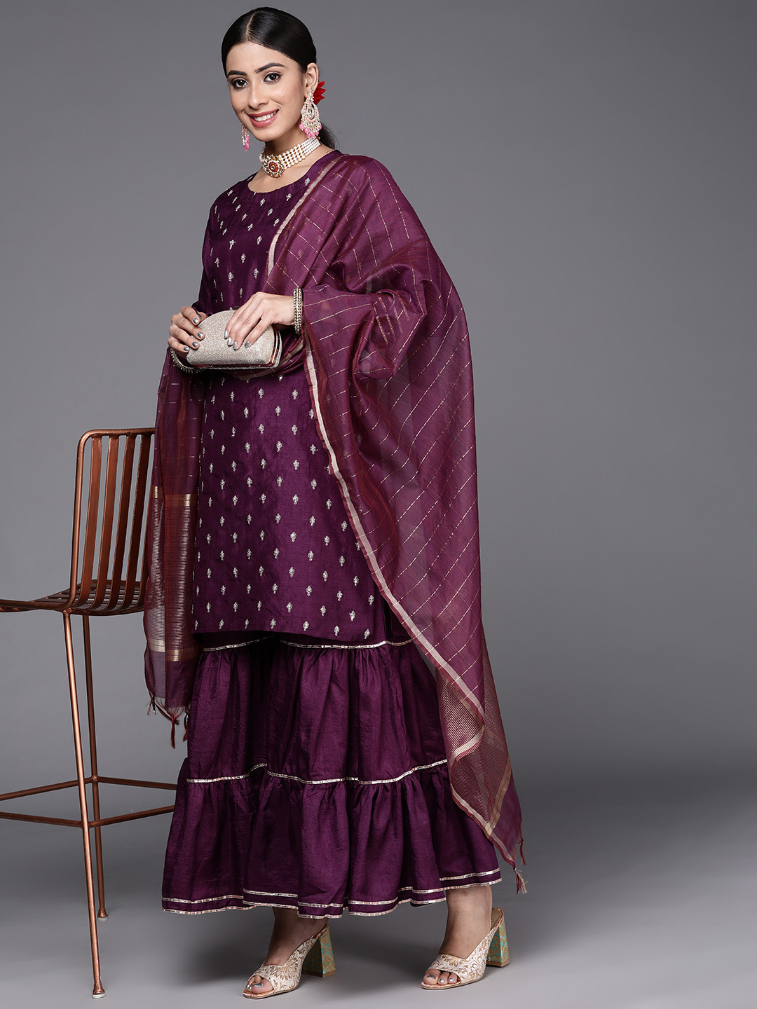 

Indo Era Women Burgundy Ethnic Motifs Embroidered Kurta with Sharara & Dupatta