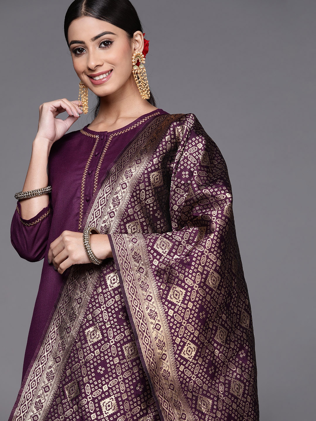 

Indo Era Women Purple Thread Work Kurta with Trousers & Dupatta