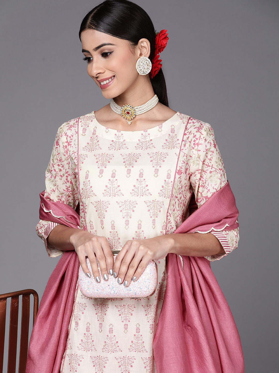 

Indo Era Women Off White Ethnic Motifs Printed Pure Cotton Kurta with Trousers & Dupatta