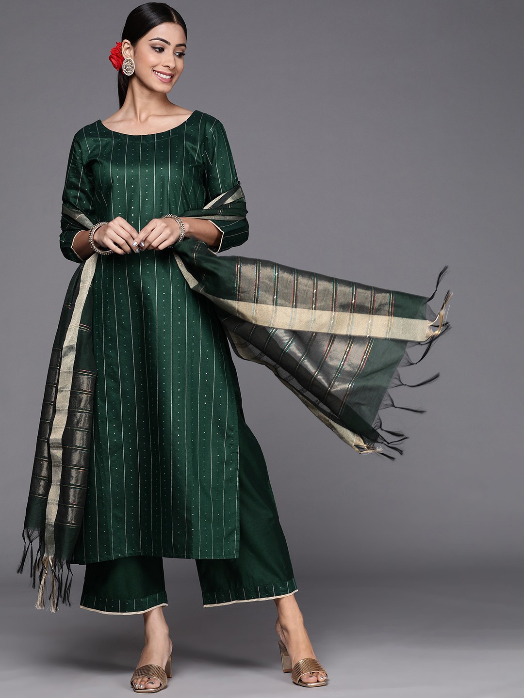 

Indo Era Women Green Embroidered Liva Kurta with Palazzos & Dupatta