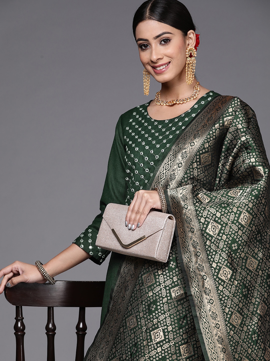 

Indo Era Women Green Embroidered Mirror Work Kurta with Palazzos & Dupatta