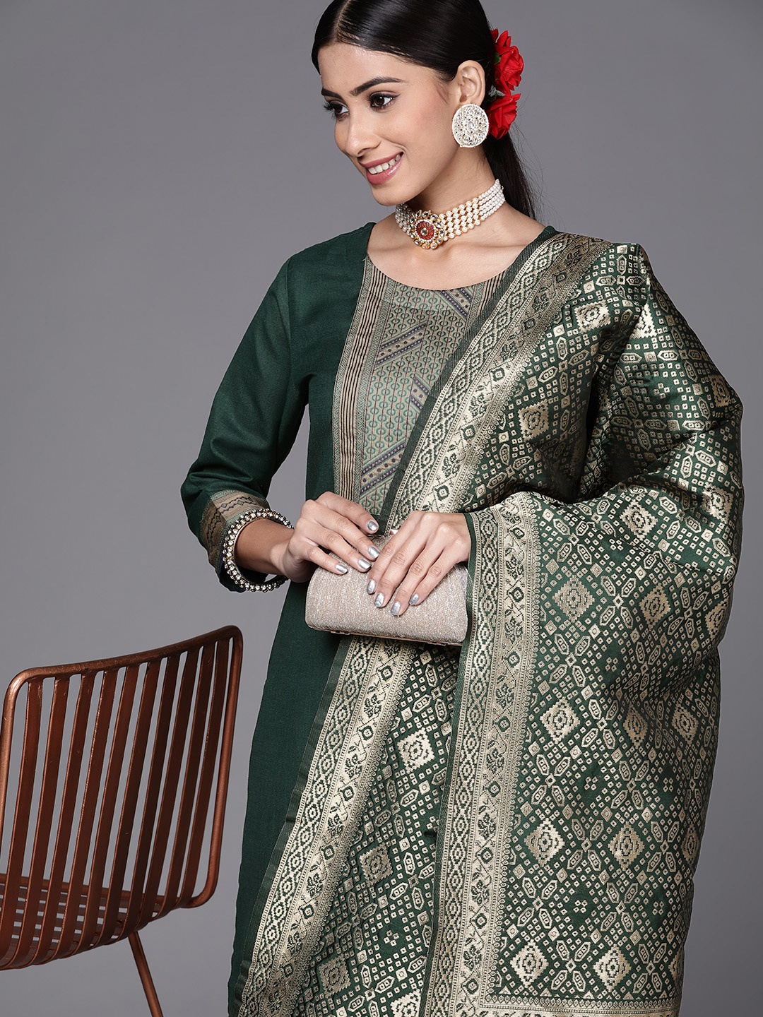 

Indo Era Women Green Yoke Design Kurta with Palazzos & Dupatta