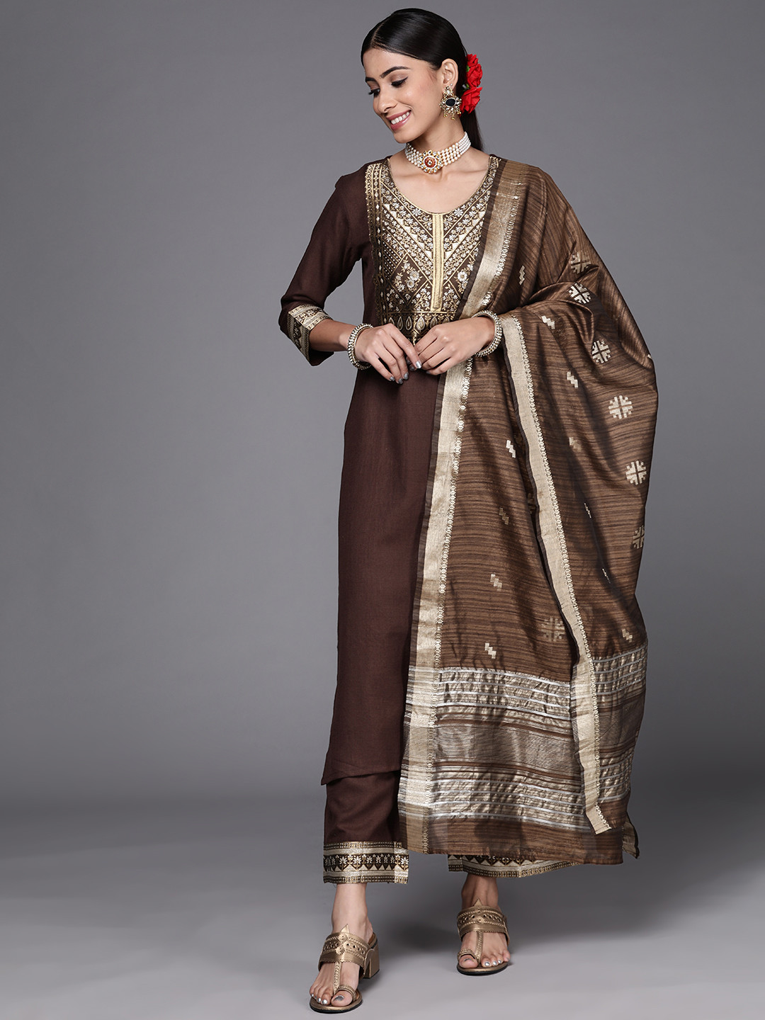 

Indo Era Women Brown Yoke Design Patchwork Kurta with Palazzos & Dupatta