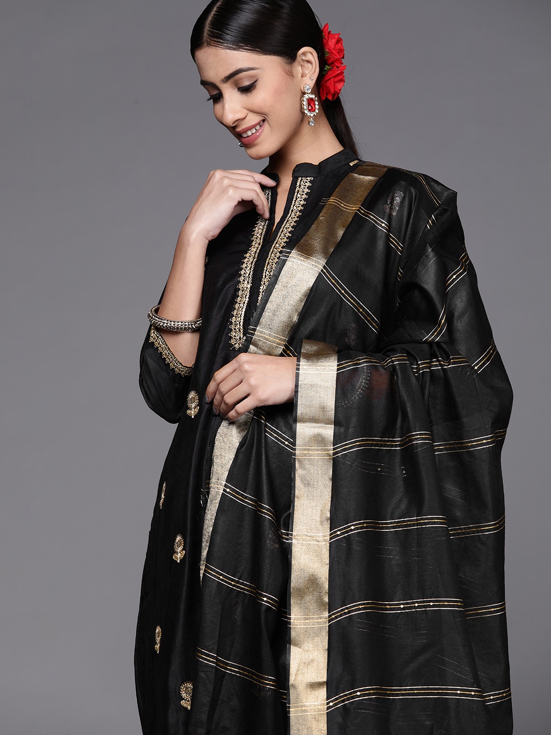 

Indo Era Women Black Ethnic Motifs Sequinned Liva Kurta with Trousers & Dupatta