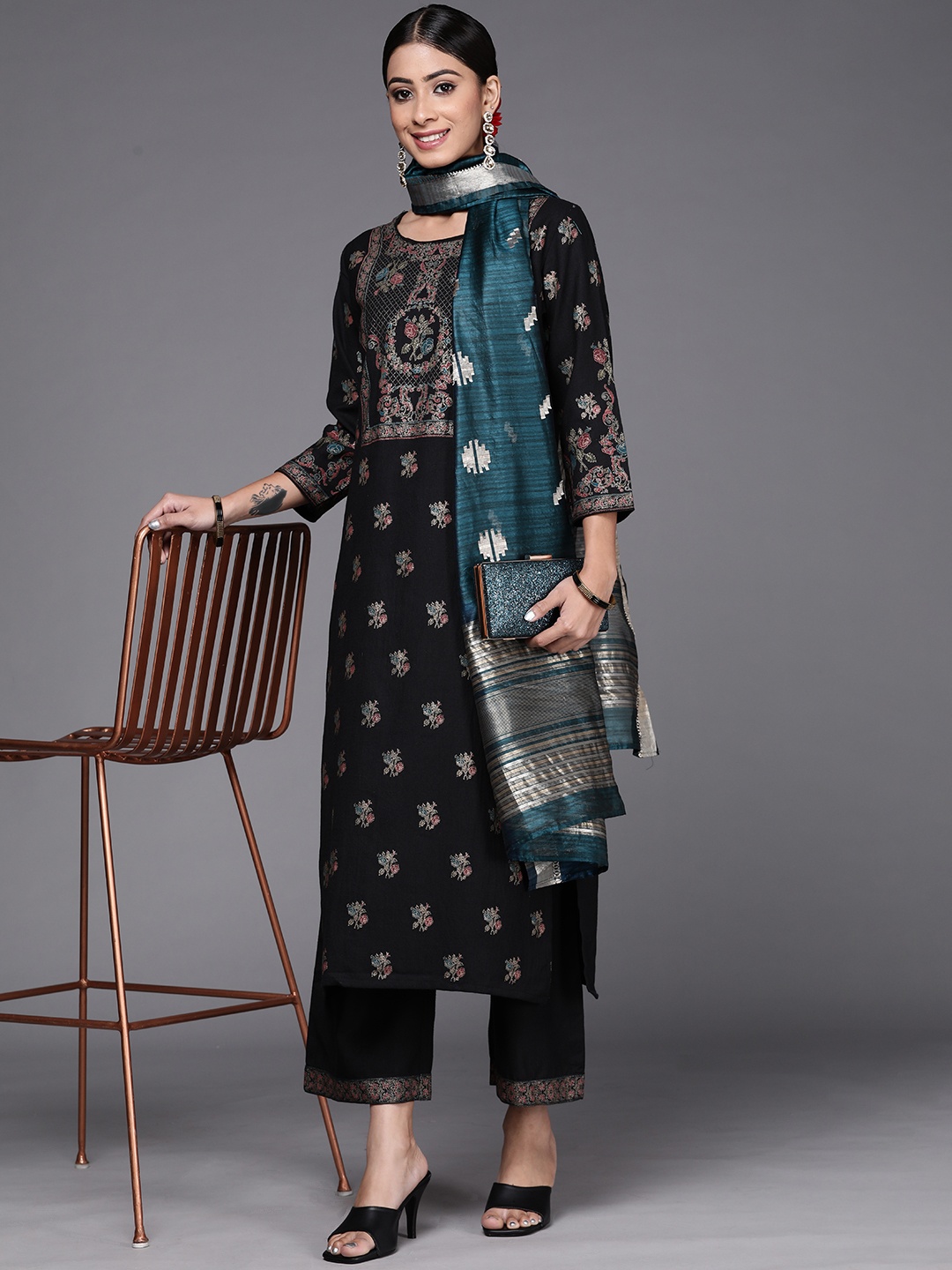 

Indo Era Women Black Ethnic Motifs Printed Kurta with Palazzos & With Dupatta