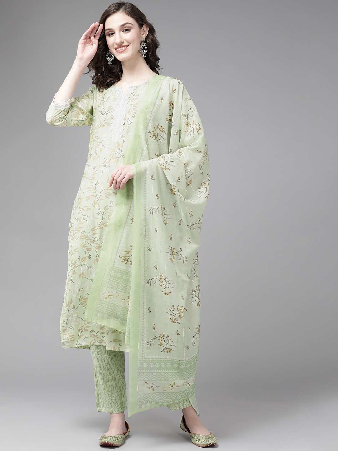 

Yufta Women Green Ethnic Motifs Printed Muslin Kurta with Trousers & With Dupatta
