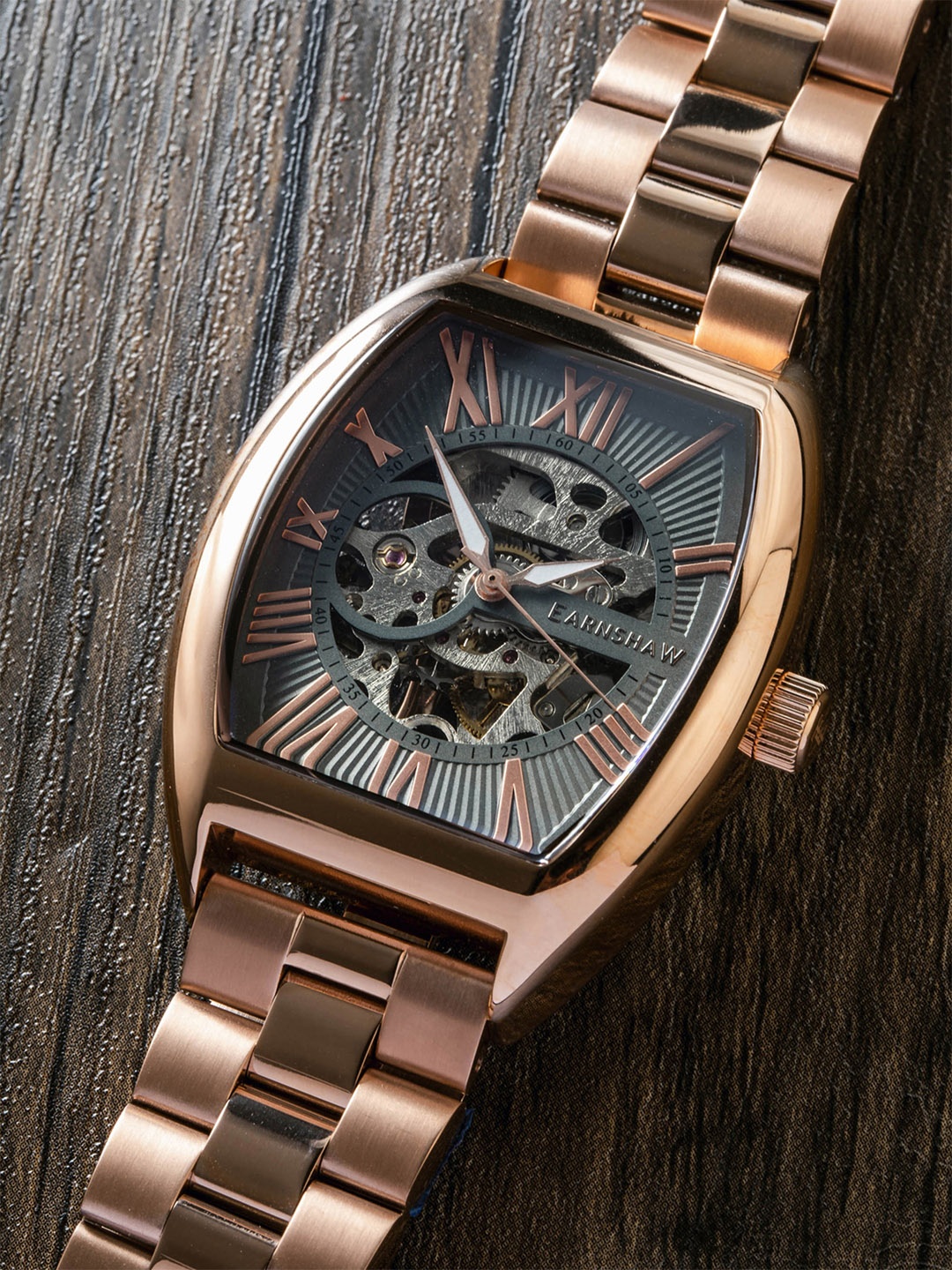 

EARNSHAW Men Grey Brass Skeleton Dial & Rose Gold Toned Stainless Steel Analogue Watch