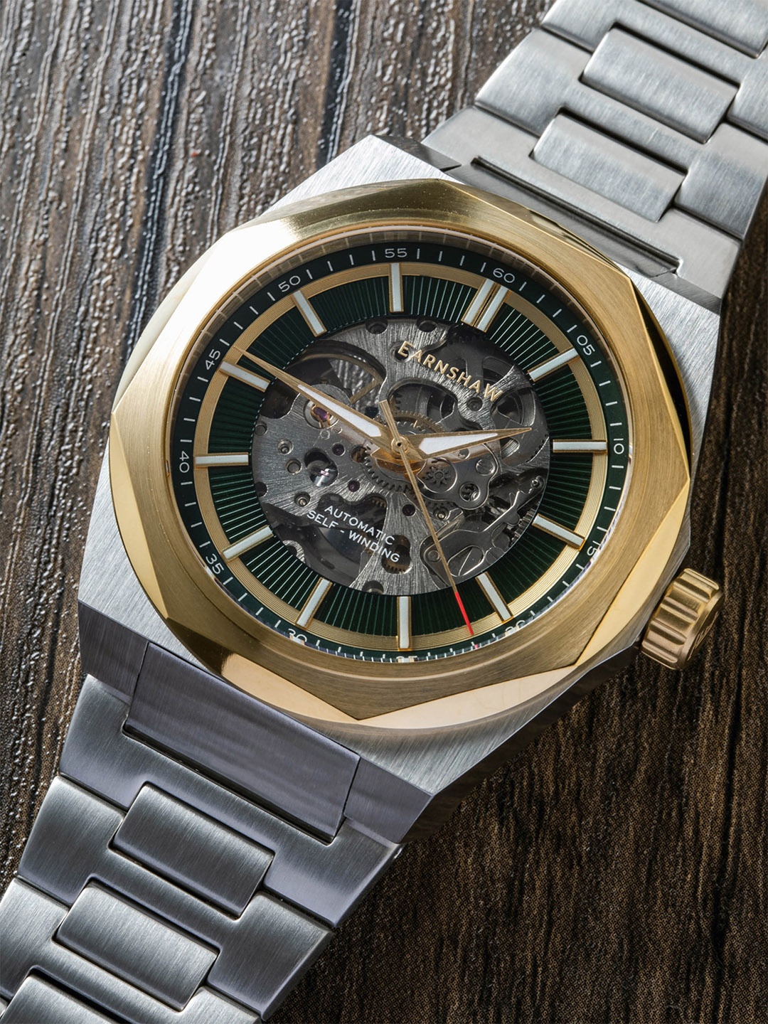 

EARNSHAW Men Green Brass Dial & Silver-Toned Clark Skeleton Automatic Watch - ES-8182-77