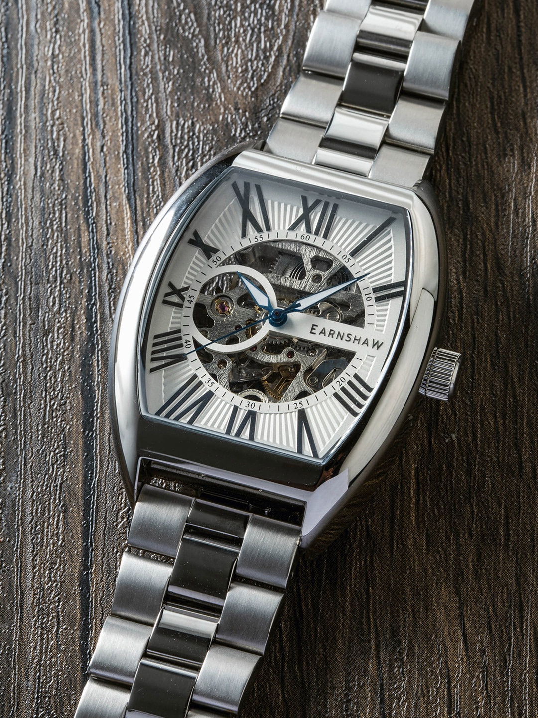 

EARNSHAW Men Silver-Toned Beauchamp Skeleton Tonneau Automatic - ES-8148-55