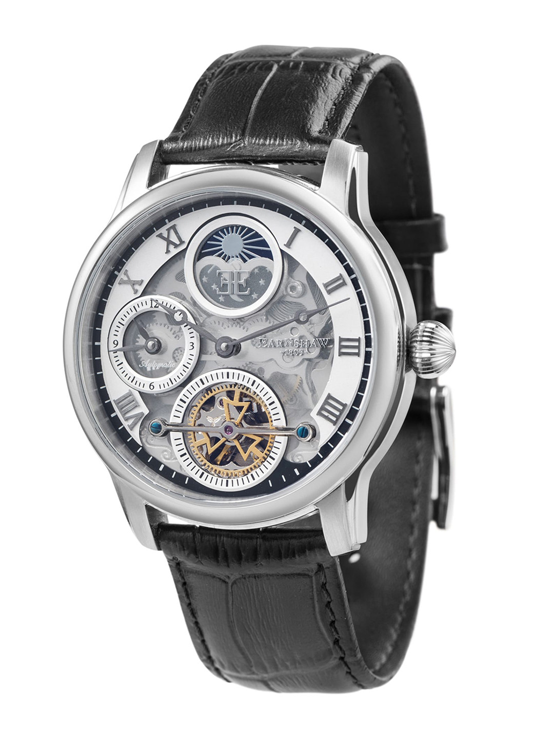 

EARNSHAW Men White Brass Printed Dial & Black Leather Analogue Automatic Motion Watch