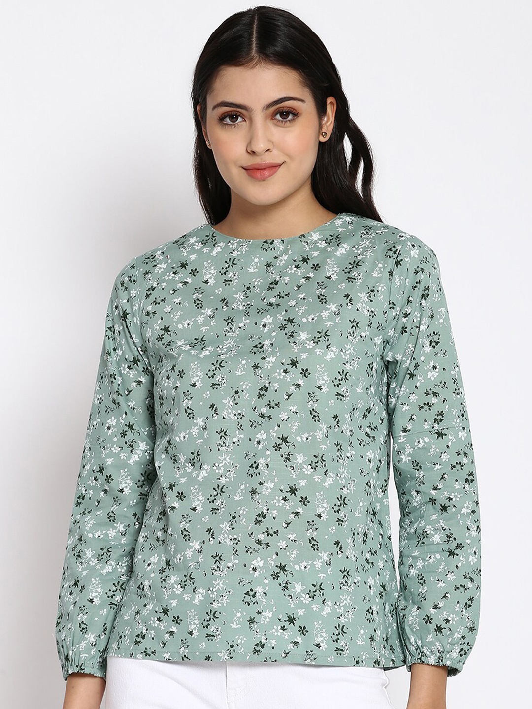 

abof Green Floral Print Pure Cotton Top