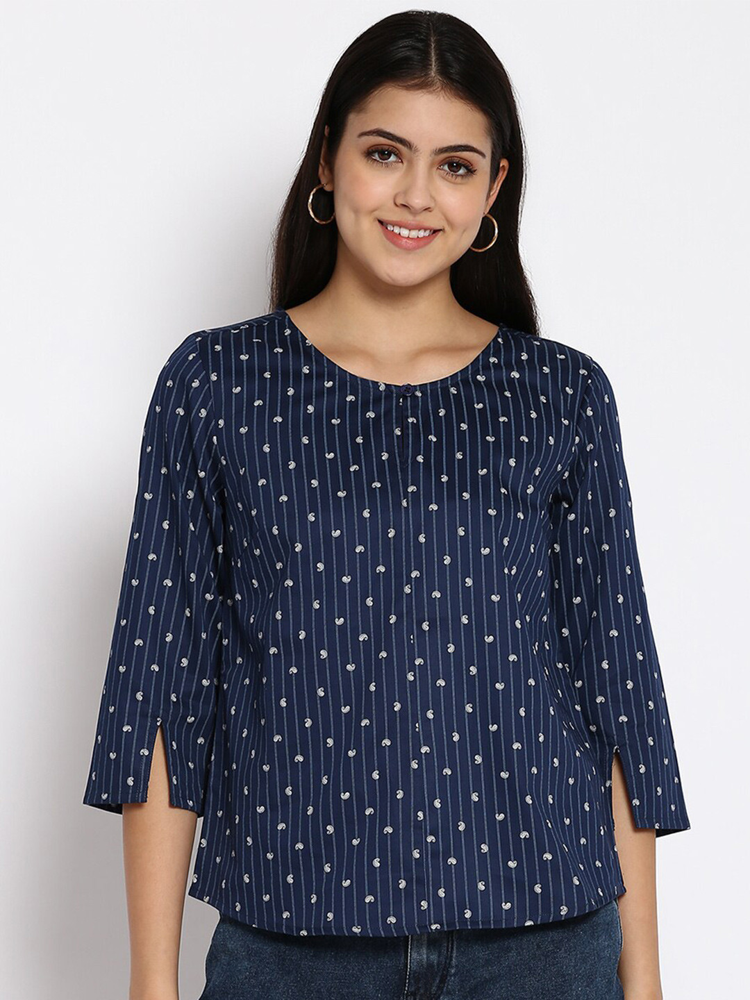 

abof Navy Blue Geometric Print Pure Cotton Top