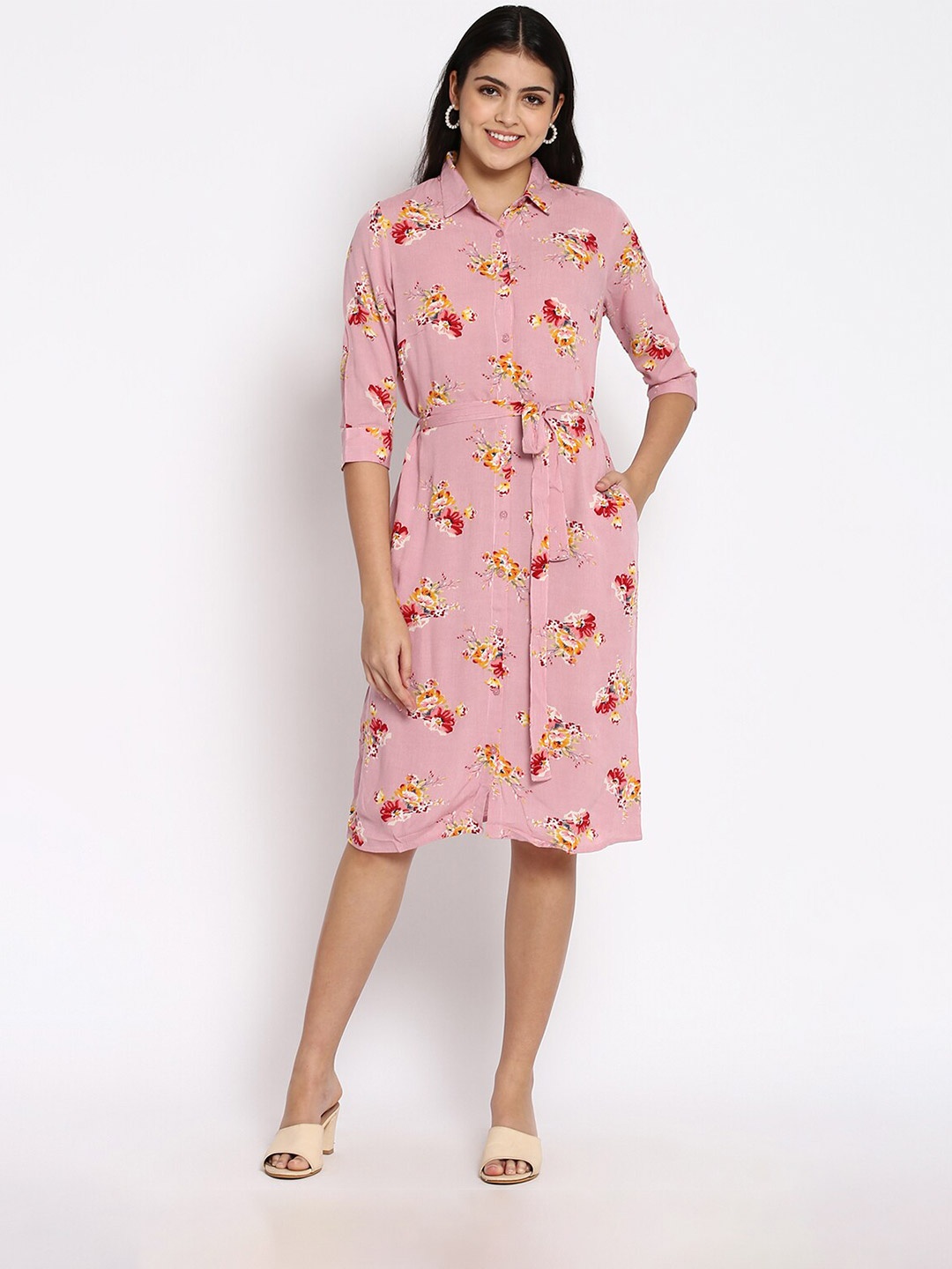 

abof Pink Floral Pure Cotton Shirt Dress