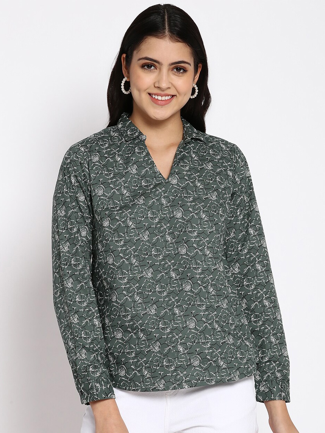 

abof Olive Green & beetle Floral Print Top