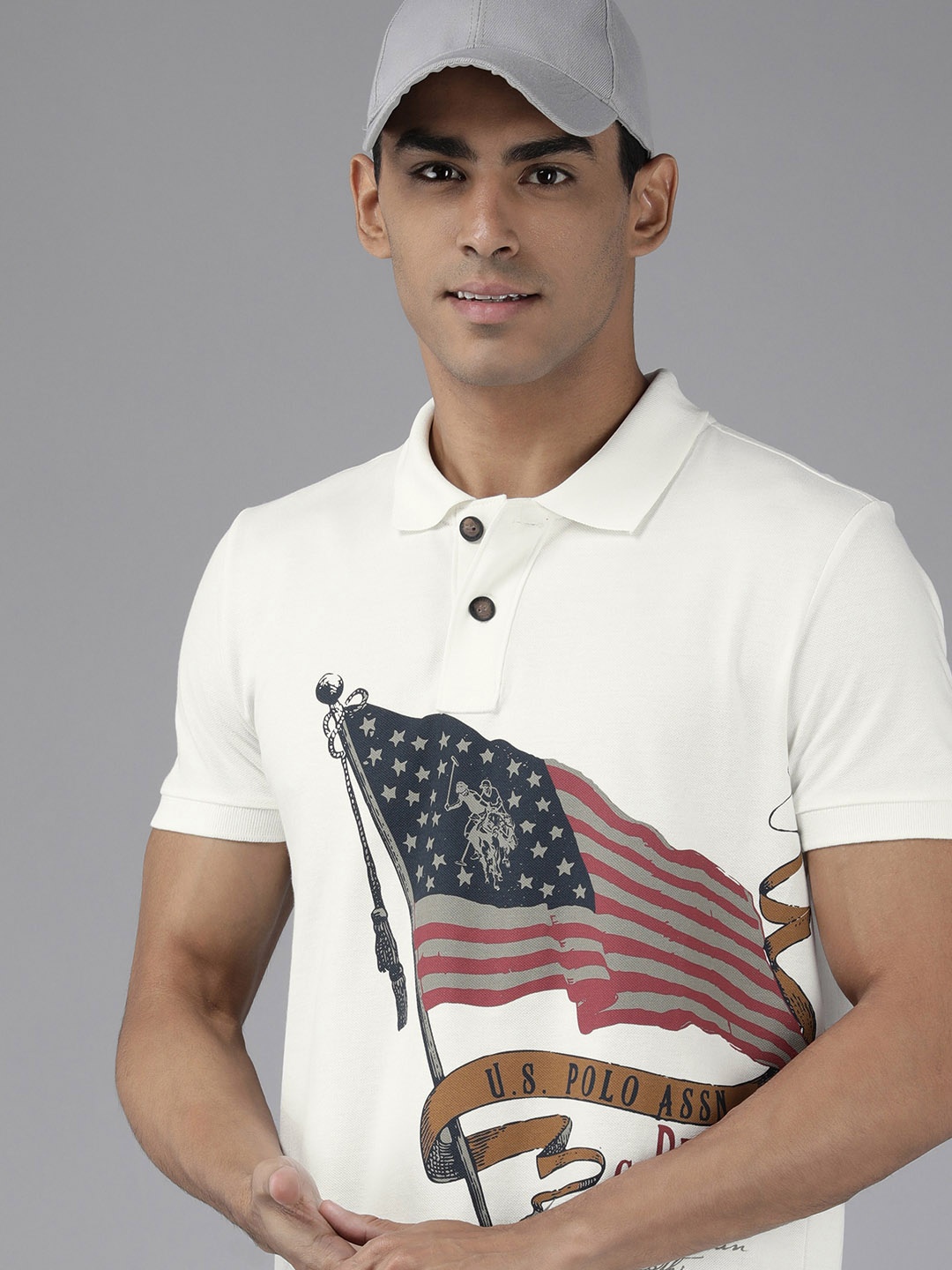 

U.S. Polo Assn. Denim Co. Men White & Blue Printed Slim Fit Cotton Polo Collar T-shirt