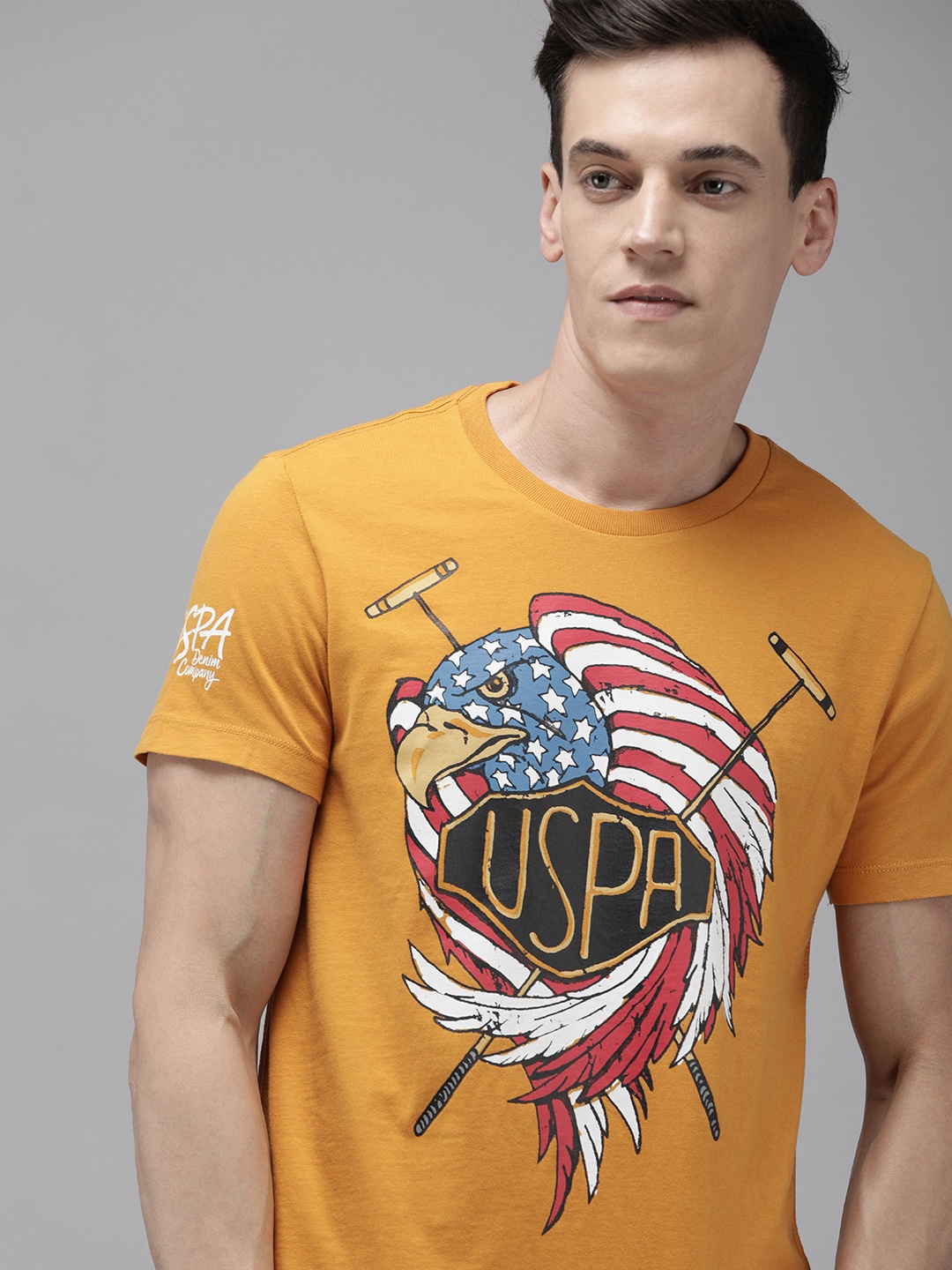 

U S Polo Assn Denim Co Men Mustard Yellow Brand Logo Printed Pure Cotton Slim Fit T-shirt