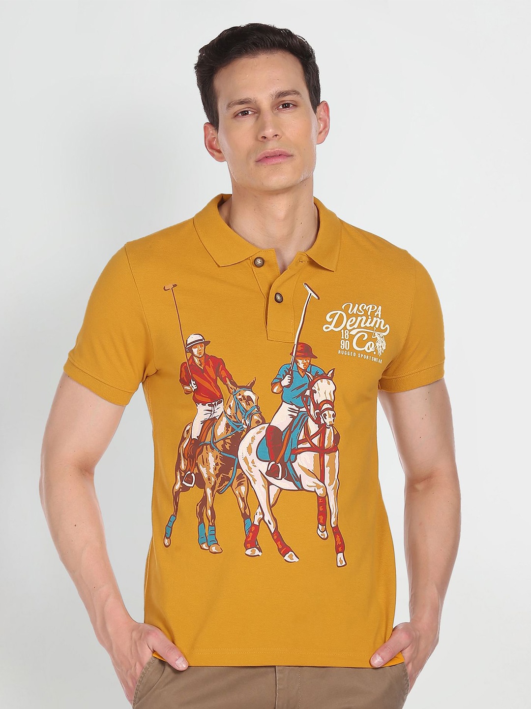 

U S Polo Assn Denim Co Men Mustard Yellow & Green Printed Polo Collar Pure Cotton T-shirt