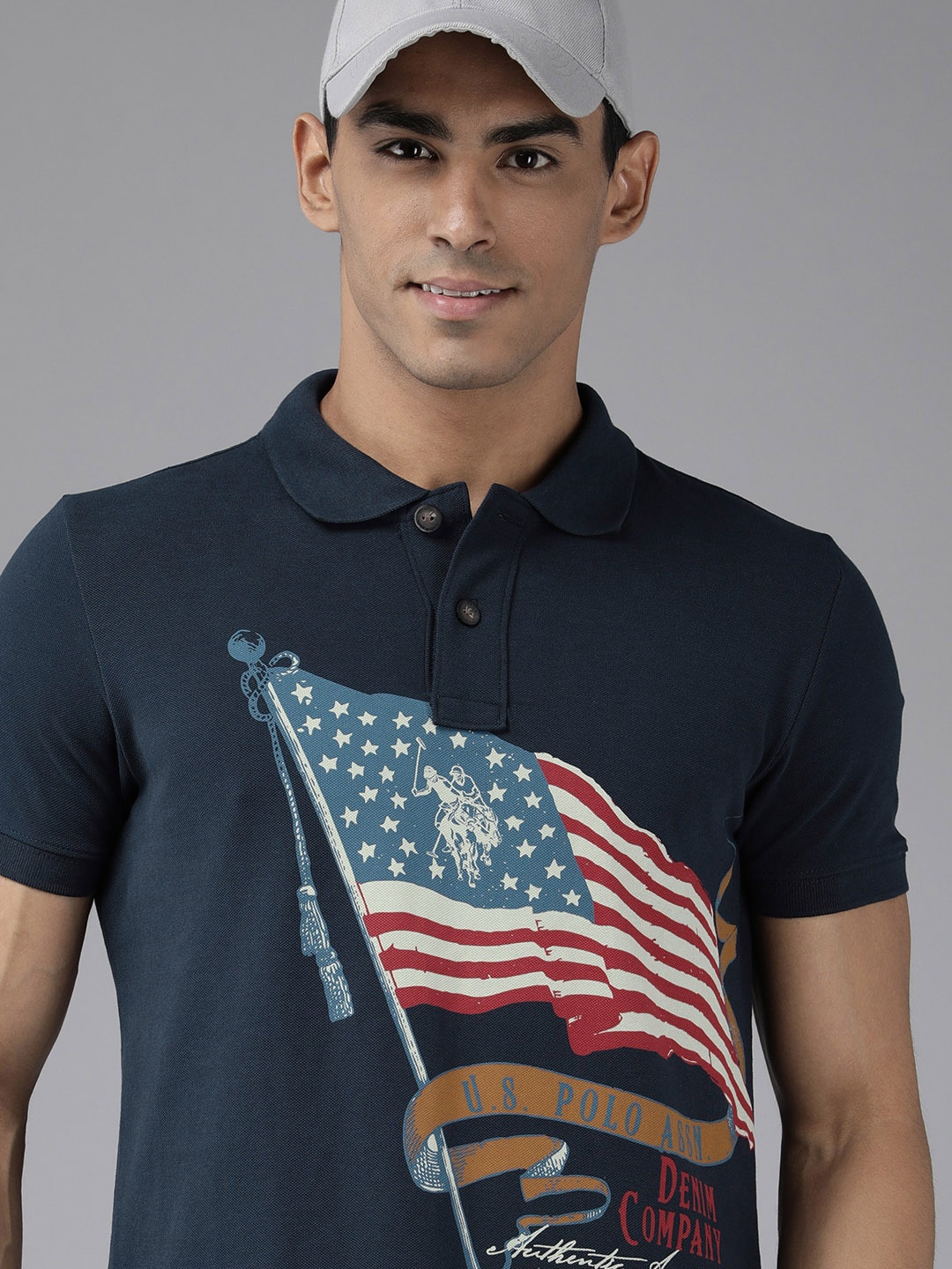 

U S Polo Assn Denim Co Men Navy Blue Printed Polo Collar Slim Fit T-shirt