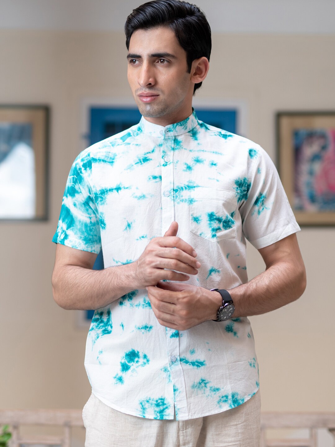 

Tistabene Men Green Comfort Printed Casual Tie and Dye Shirt