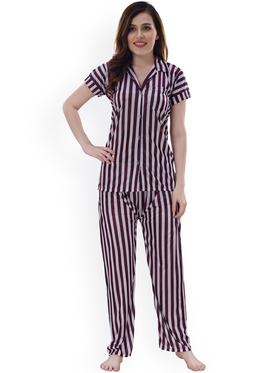 

Romaisa Women Purple & White Striped Night suit