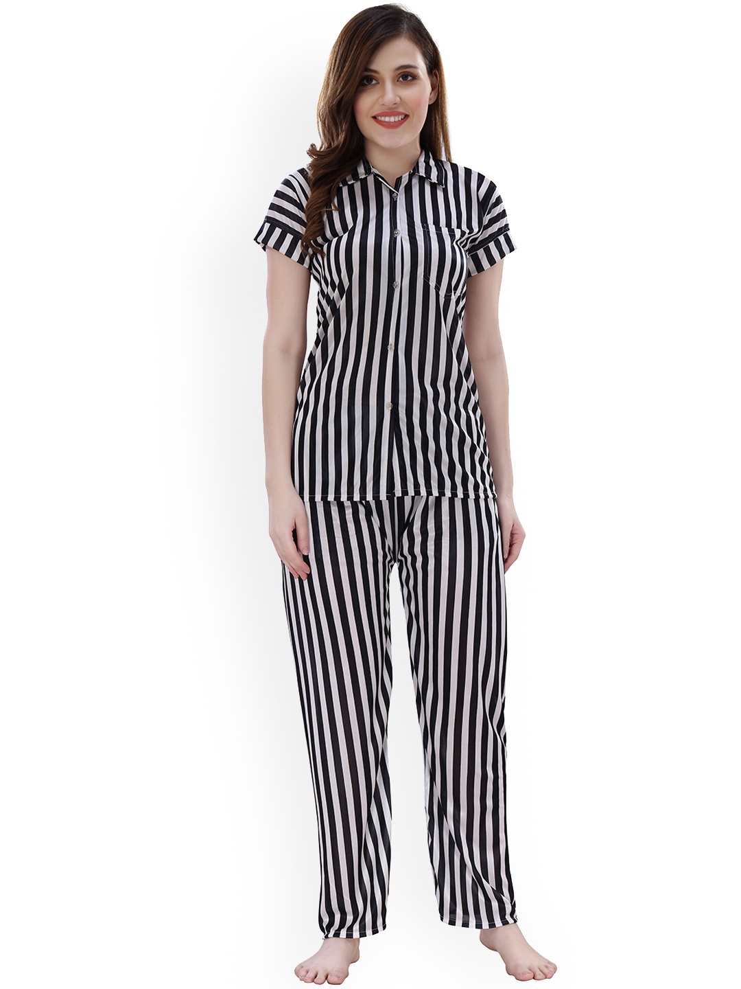 

Romaisa Women Black & White Striped Night suit