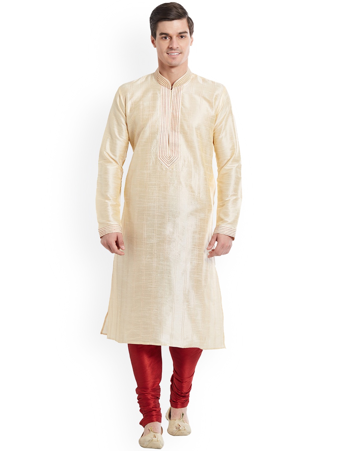 

Indian Poshakh Men Gold Dupion Silk Full Sleeve Sherwani & Churidar Set