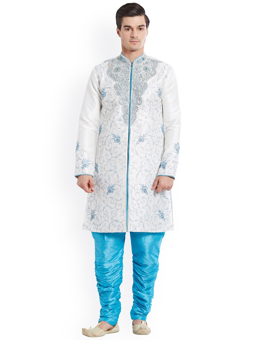 

Indian Poshakh Men White & Turquoise-Blue Embroidered Sherwani Set