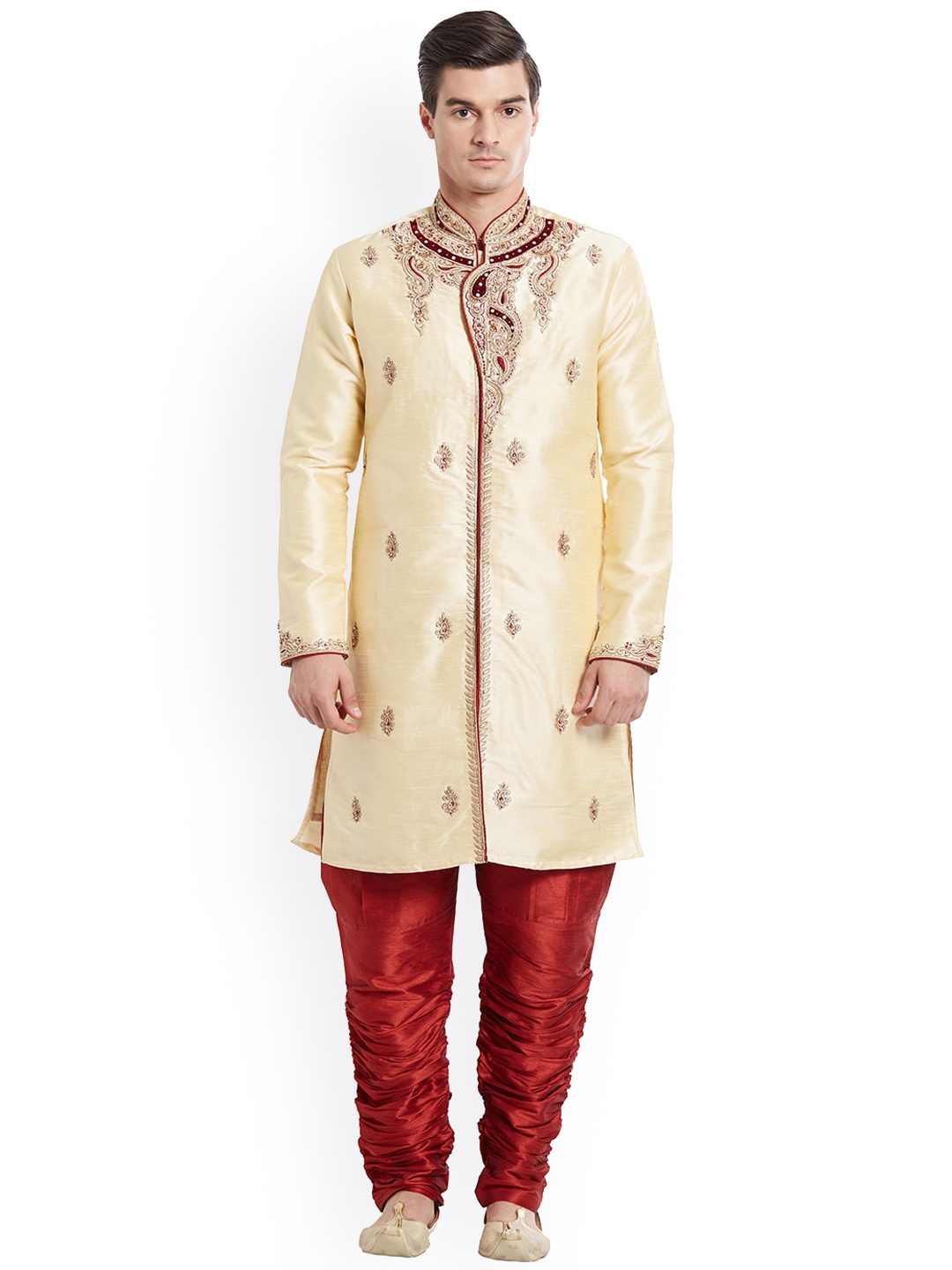 

Indian Poshakh Men Gold-Colored & Maroon Silk Sherwani And Churidar Set