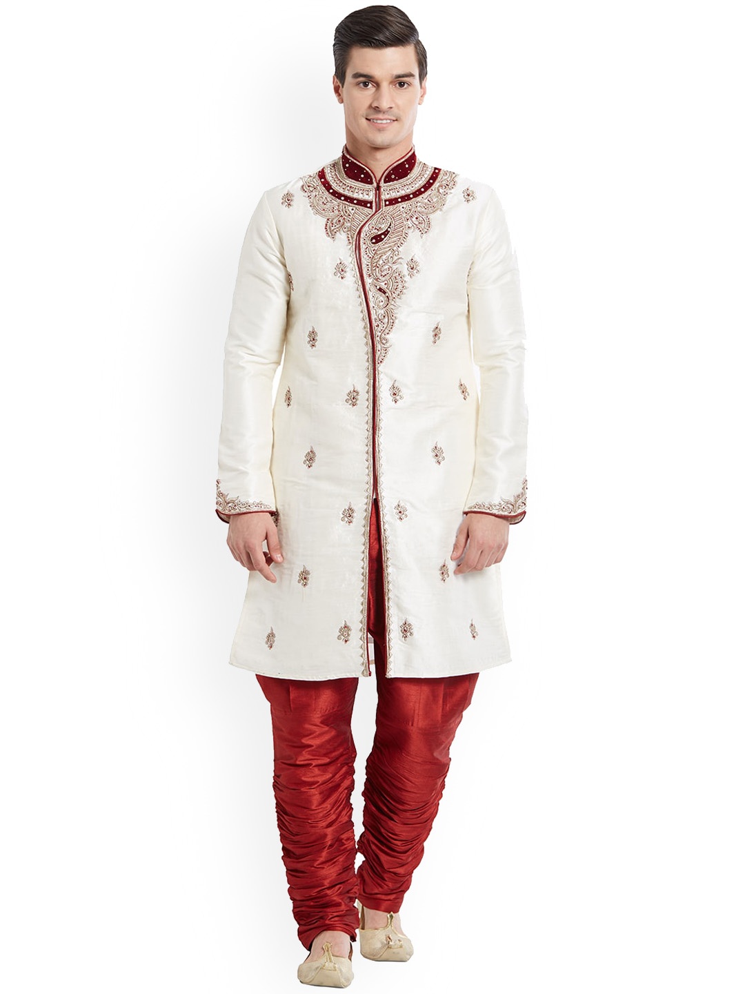 

Indian Poshakh Men White & Red Sherwani & Churidar Set
