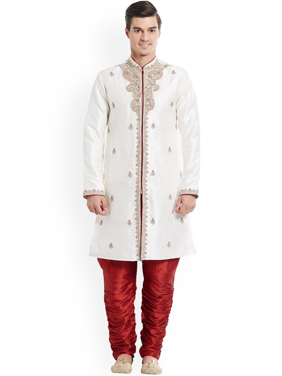 

Indian Poshakh Men White & Maroon Sherwani and Churidar Set
