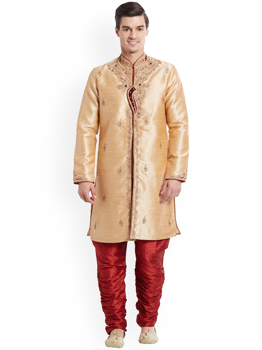 

Indian Poshakh Men Gold-Colored & Red Embroidered Sherwani Set