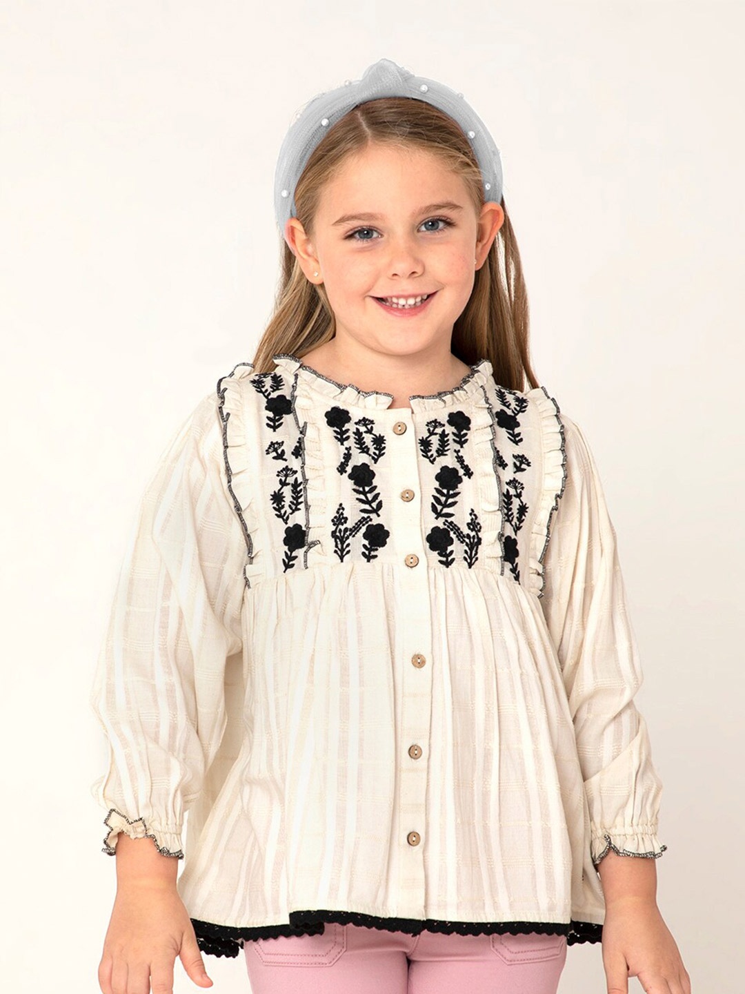 

Cherry Crumble Girls Cream-Coloured Floral Embroidered Cotton Frill Top