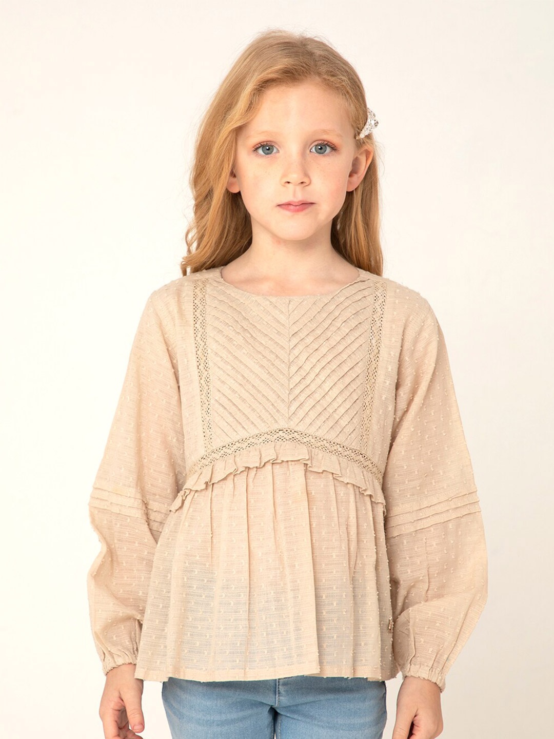 

Cherry Crumble Girls Beige Cotton Full Sleeves Textured Crumpled Ruffle Top