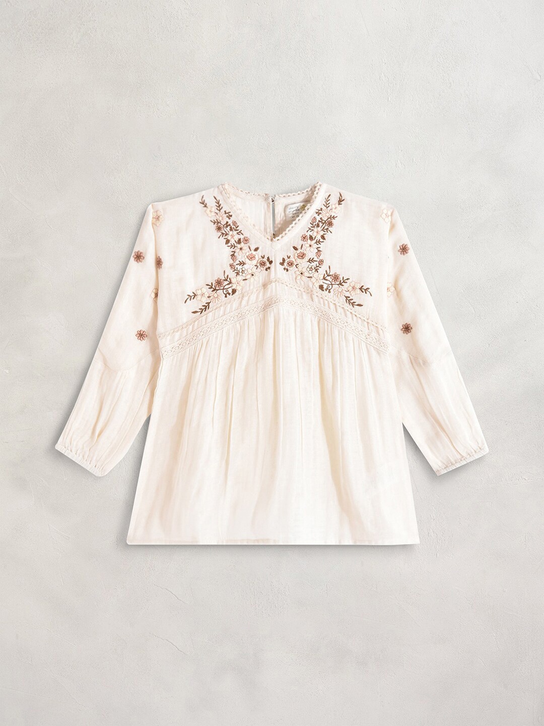 

Cherry Crumble Girls Cream-Coloured Floral Cotton Embroidered Amber Efflorescent Top