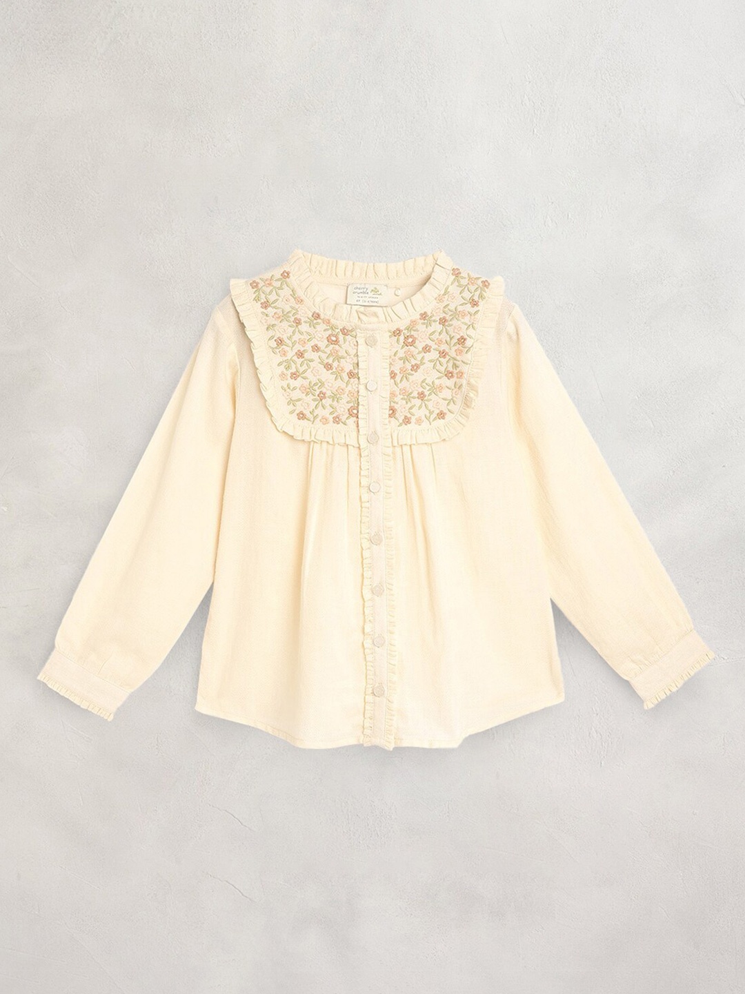 

Cherry Crumble Girls Beige Embroidered Mandarin Collar Shirt Style Top
