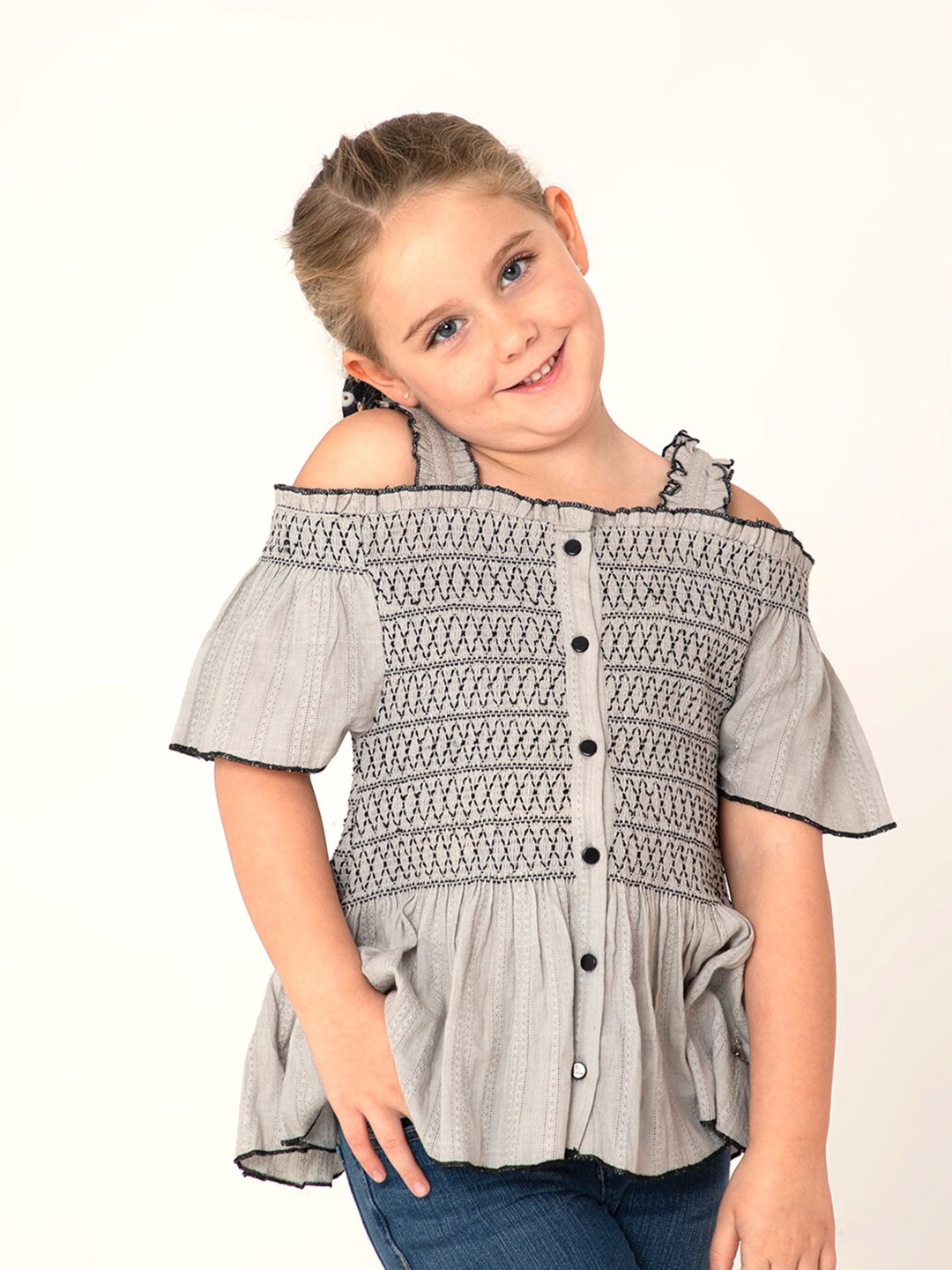 

Cherry Crumble Girls Grey Cotton Smocked Top