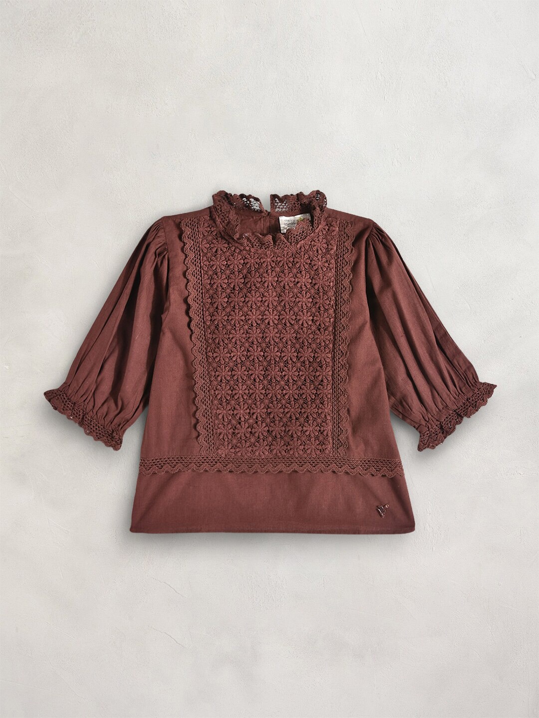 

Cherry Crumble Girls Brown Self Design High Neck Cotton Lace Top
