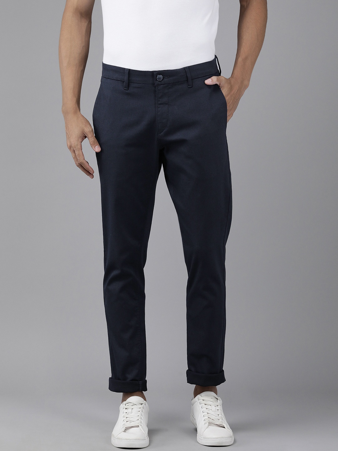 

U S Polo Assn Men Navy Blue Textured Slim Fit Trousers