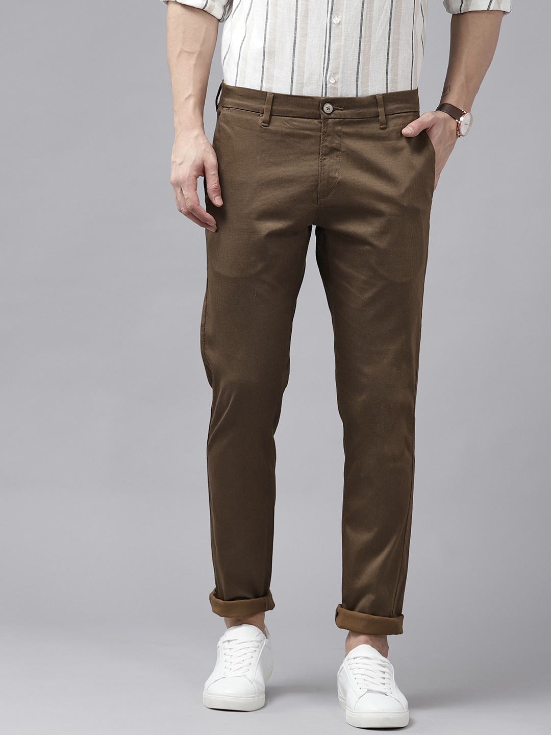 

U S Polo Assn Men Brown Slim Fit Self-Design Trousers