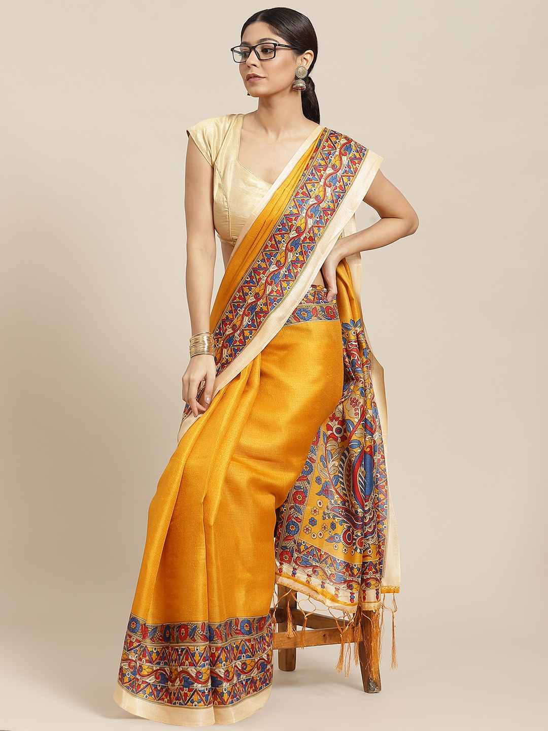 

Ishin Mustard Art Silk Bhagalpuri Saree With Printed Border