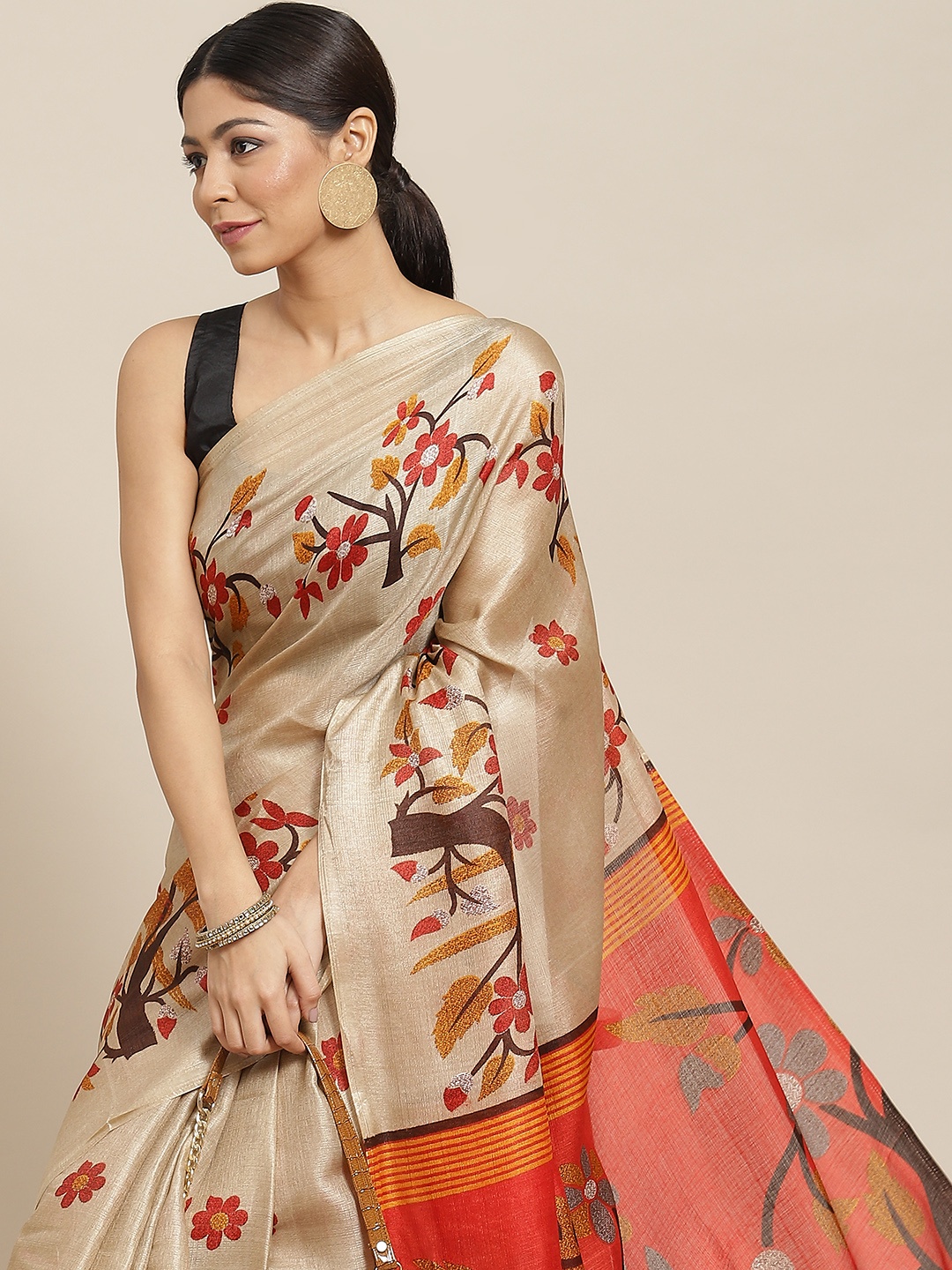 

Ishin Beige & Red Ethnic Motifs Poly Silk Saree