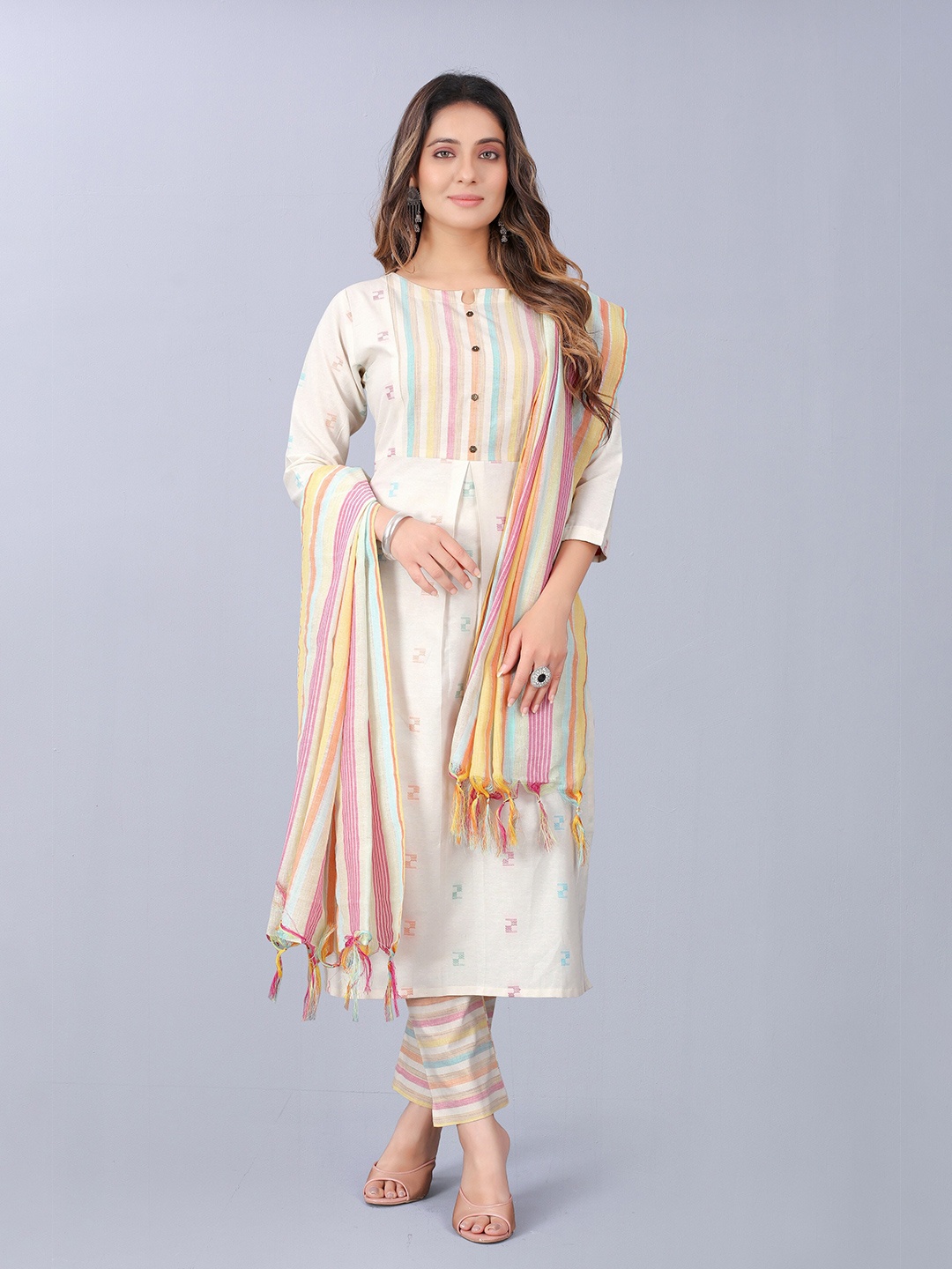 

ASPORA Cream-Coloured & Pink Pure Cotton Unstitched Dress Material