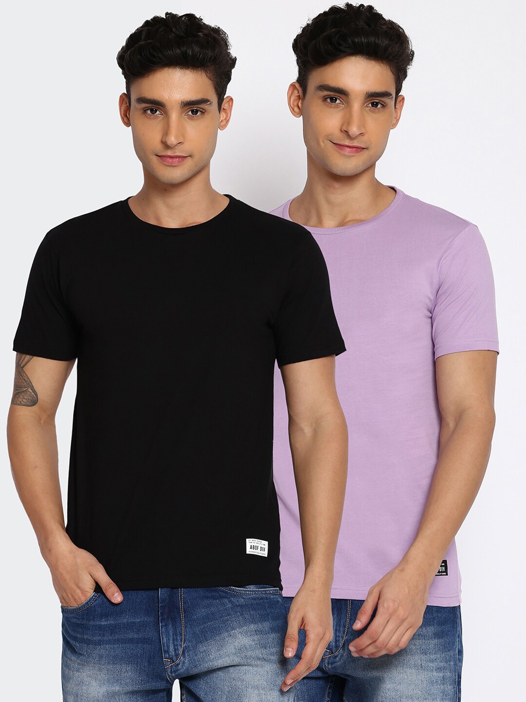 

abof Men Purple & Black 2 Raw Edge T-shirt