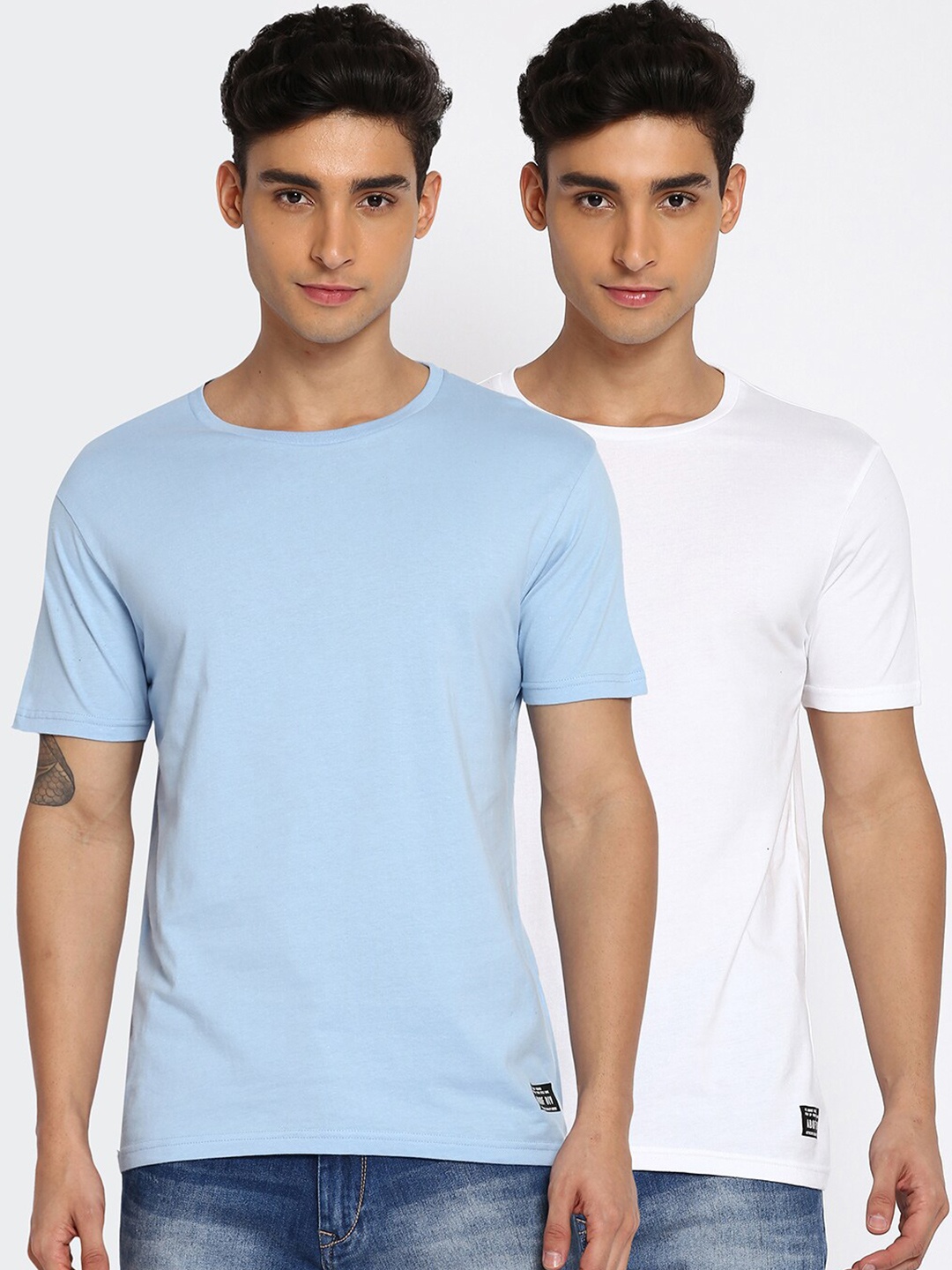 

abof Men Blue & White 2 Raw Edge T-shirt