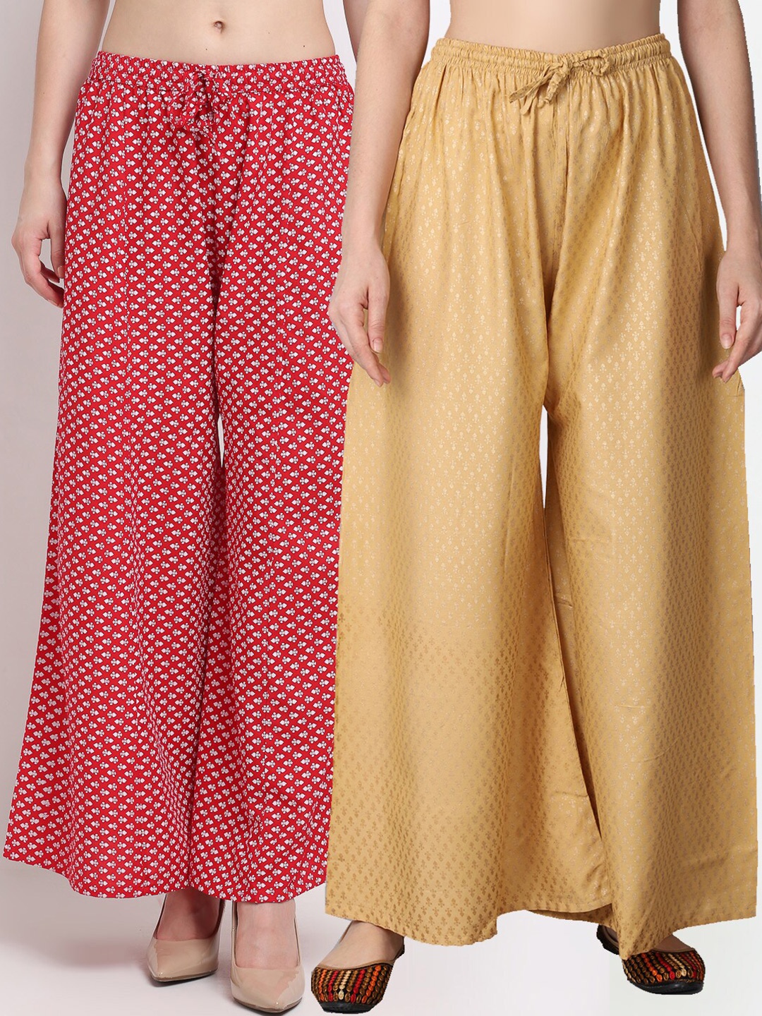 

GRACIT Pack of 2 Women Red & Nude-Coloured Ethnic Motifs Printed Flared Palazzos