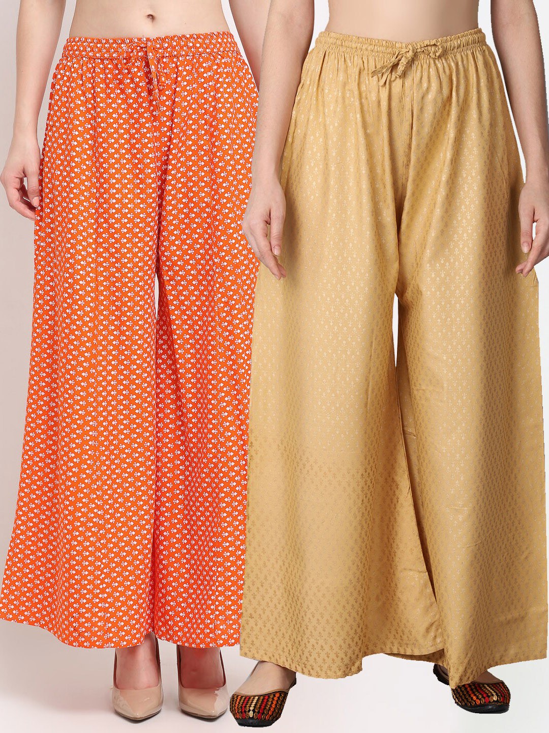 

GRACIT Women Pack Of 2 Orange & Beige Printed Flared Knitted Ethnic Palazzos